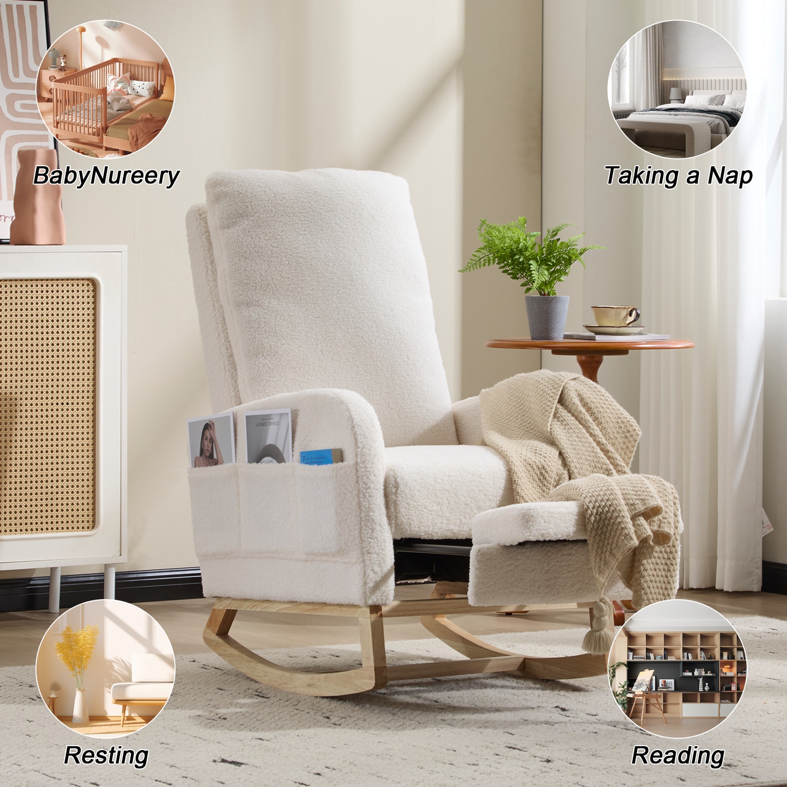 Modern Accent Rocking Chair Rocking Chair With Solid Wood Legs, Upholstered Nursery Glider Rocker, Comfy Armchair With Side Pocket, Living Room Lounge Arm Chair With High Backrest (White,teddy)_voghion.com